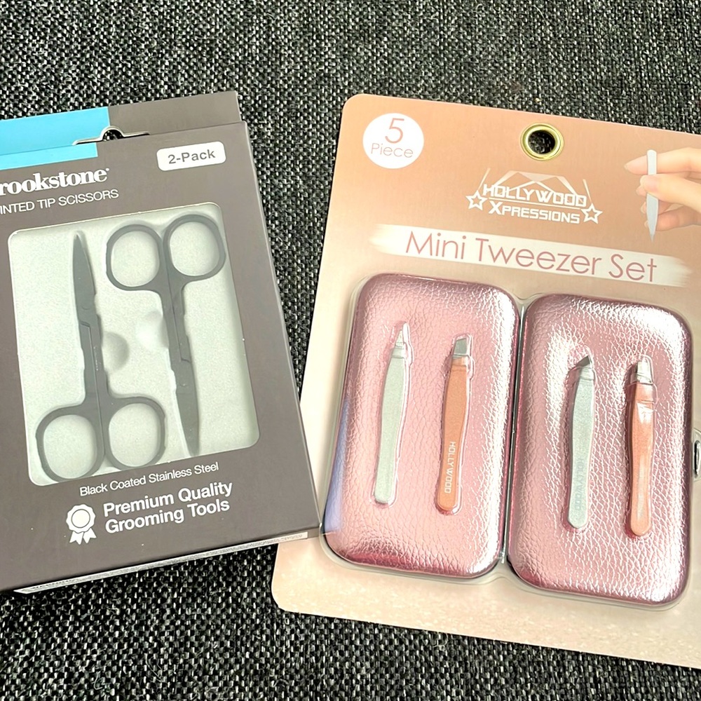 Tweezers Set 5 Pieces Professional and 2 pointed tip scissors